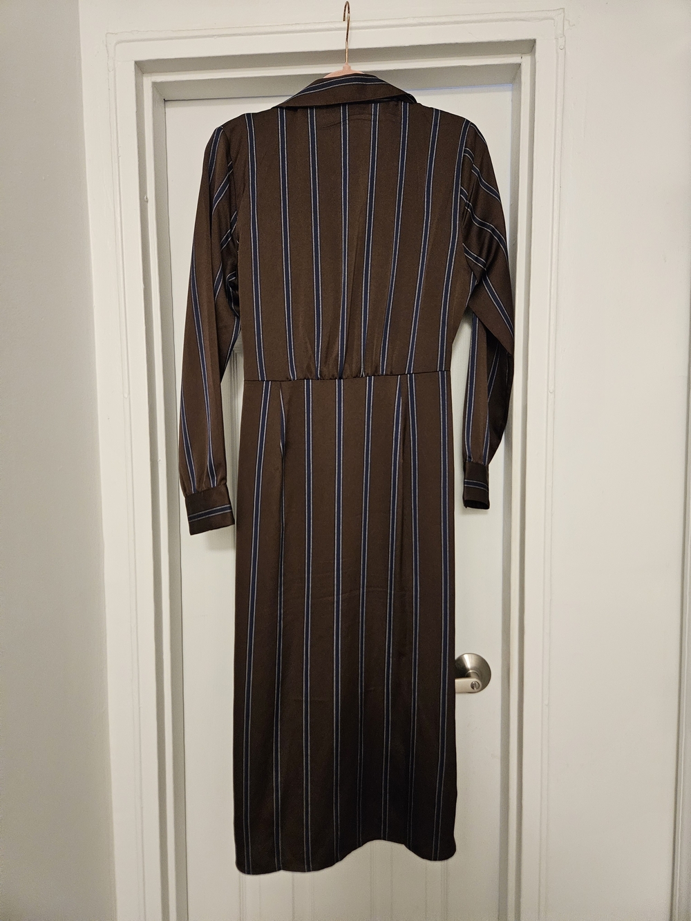 LOFT Brown Wrap Midi Dress with Blue Pinstripes - Picture 6 of 7